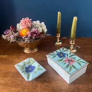 Vintage Italian Hand Painted Ceramic Trinket Box and Dish Set Handmade Italian Vanity Decor