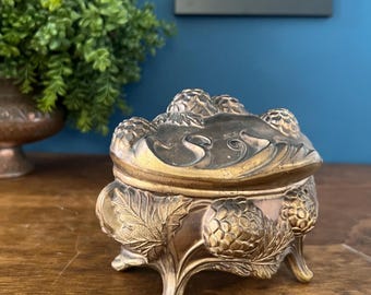 Vintage Art Nouveau Jewelry Casket, Ornate Footed Metal Trinket Box, Keepsake Storage