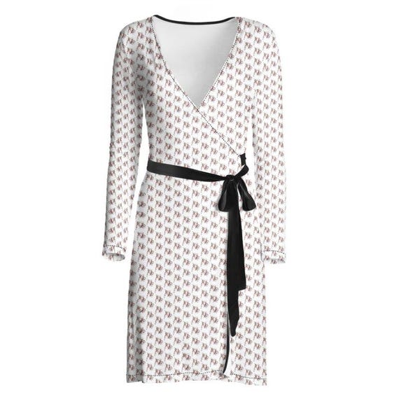 Handmade Wrap Dress Recycled Jersey Fabric White. Burgundy. Bicycles. Sustainable. Artisan.