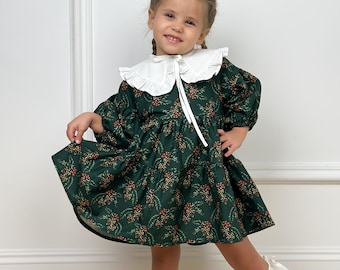 Christmas Dress PDF Pattern Girl Dress 9M-7Y Puff Sleeves Detachable Ruffle Collar Instant Download