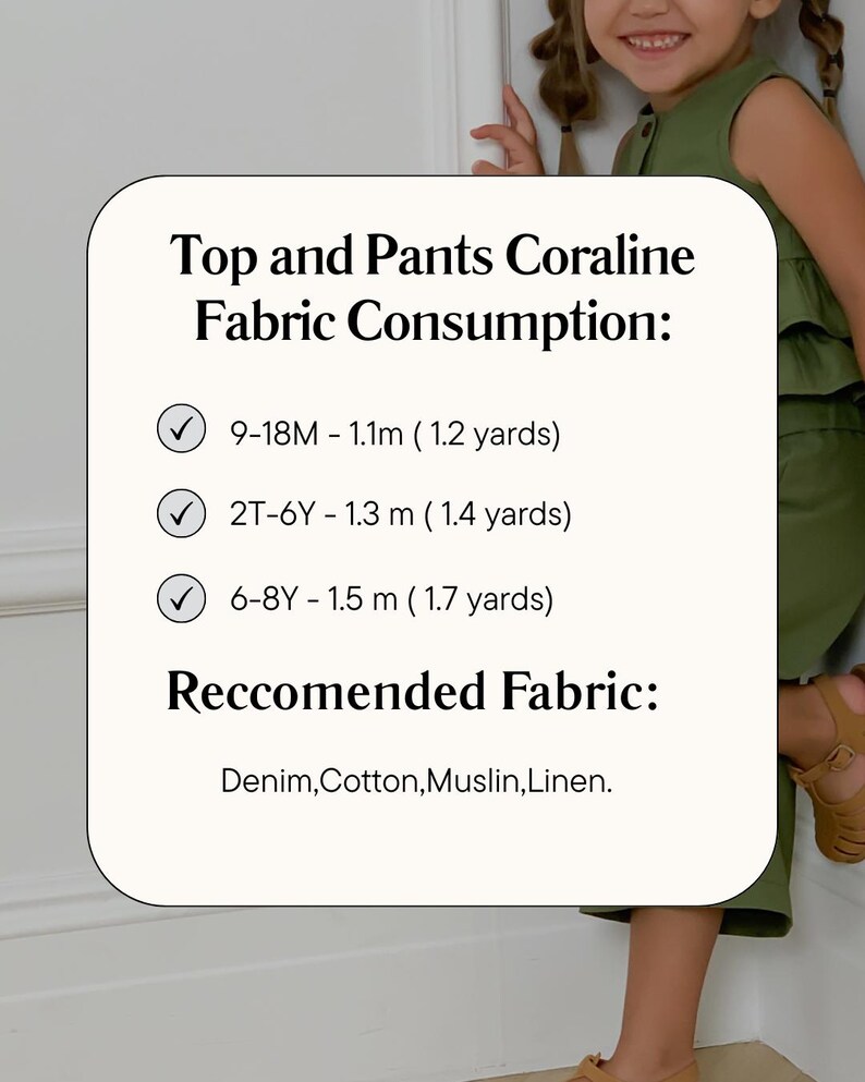 May include: A white background with text detailing fabric consumption for a top and pants set. The text includes measurements in meters and yards for different age ranges, along with recommended fabrics like denim and cotton.