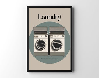 May include: A vintage-style poster with the word "Laundry" in a bold font. The poster features a pair of white washing machines with a blue and beige background.