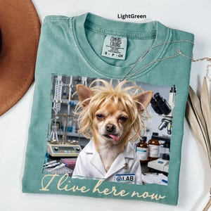 May include: Light green Comfort Colors t-shirt featuring a humorous image of a Chihuahua wearing a lab coat and wig, with the text "I live here now". The dog is in a lab setting.