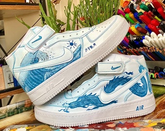 Costum sneakers the great wave of kanagawa & Dragon | Custom Hand Painted AF1| Custom design| Hand Painted Sneakers Shoes| Blue costum shoes