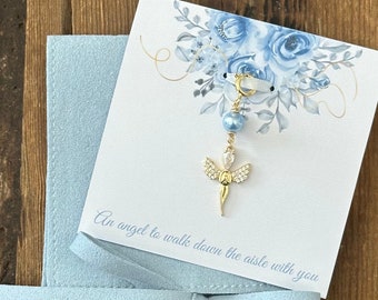 Ciondolo personalizzato da angelo blu qualcosa per la sposa - rivestito in oro 14K. Regalo commemorativo. Fascino dell'angelo dal cielo. Fascino del ricordo sentimentale