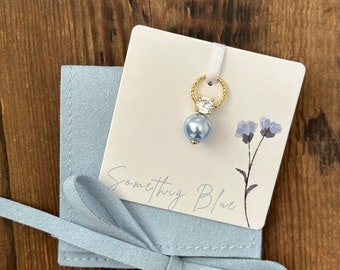 Something Blue Charm for Bride, 14K gold coated with Austrian Crystal Pearl. Gift for Bride. Shoe, Garter or Bouquet Charm. Keepsake Pin