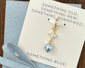 Something Blue Charm for Bride, 14K gold coated with Austrian Crystal Pearl. Gift for Bride. Shoe, Garter or Bouquet Charm. Keepsake Pin