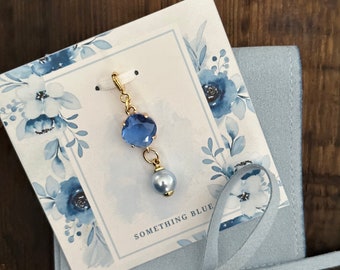 Something Blue Charm for Bride, Austrian Crystal Pearl with Sapphire Blue Zircon - Great Bridal Shower Gift. Shoe, Garter or Bouquet Pin.