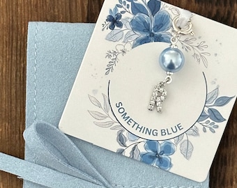 Monogrammed Something Blue Charm for Bride, silver coated with Austrian Crystal Pearl. Gift for Bride. Shoe, Garter or Bouquet Pin.