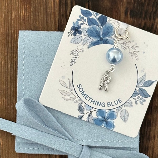 Monogrammed Something Blue Charm for Bride, silver coated with Austrian Crystal Pearl. Gift for Bride. Shoe, Garter or Bouquet Pin.