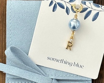 Monogrammed Something Blue Charm for Bride, 14K gold coated charm with Austrian Crystal Pearl. Gift for Bride. Shoe, Garter or Bouquet Pin.