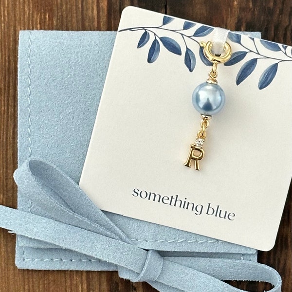 Monogrammed Something Blue Charm for Bride, 14K gold coated charm with Austrian Crystal Pearl. Gift for Bride. Shoe, Garter or Bouquet Pin.