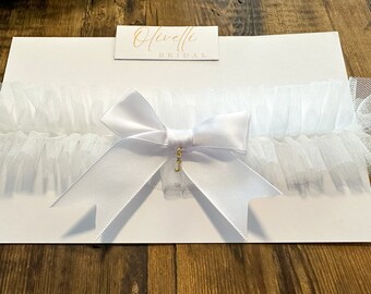 Bridal Wedding Garter made with Tulle and a small Bow. Add a fun Monogram Letter Charm - 18K gold plated with Cubic Zirconia