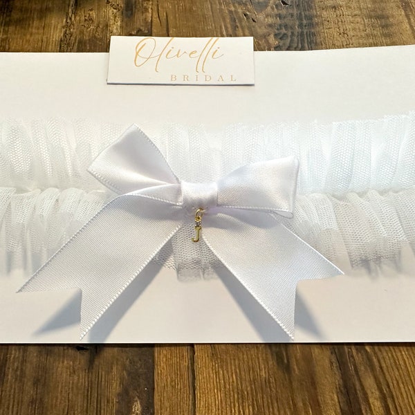 Bridal Wedding Garter made with Tulle and a small Bow. Add a fun Monogram Letter Charm - 18K gold plated with Cubic Zirconia