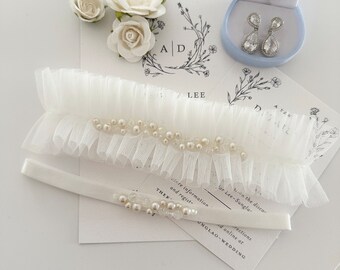 Bridal Wedding Garter - Soft Stretch Garter Adjourned with Small Ivory Pearls and Glass Crystals. Hand-stitched Wedding Garter. Heirloom