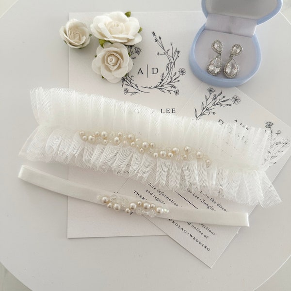 Bridal Wedding Garter - Soft Stretch Garter Adjourned with Small Ivory Pearls and Glass Crystals. Hand-stitched Wedding Garter. Heirloom