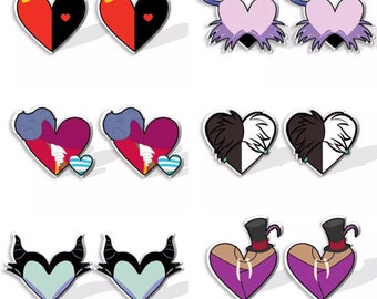 Villains Hearts Character Stud Earrings \Disney Movie Inspired Jewelry\ Ursula Maleficent Yzma Cruella Jafar Evil Queen Dr Facilier Hades