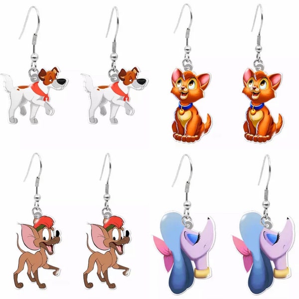 Oliver and Company Character Hook Earrings \ Classic Disney Movie Inspired Jewelry \ Dodger Tito Georgette Dogs Cats Stocking Stuffers Gifts