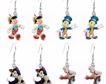 Pinocchio Character Hook Earrings \ Classic Disney Movie Inspired Jewelry \ Papa Geppetto Figaro Jiminy Cricket Boy Puppet Stocking Stuffers