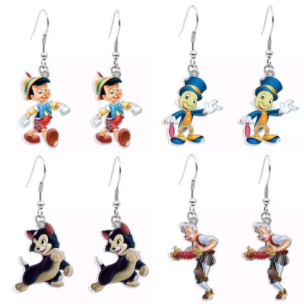Pinocchio Character Hook Earrings \ Classic Disney Movie Inspired Jewelry \ Papa Geppetto Figaro Jiminy Cricket Boy Puppet Stocking Stuffers