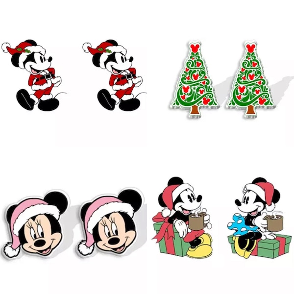 Christmas Santa Mickey and Minnie Acrylic Stud Earrings \ Holiday Christmas Tree Hidden Mickey Inspired Jewelry \ Stocking Stuffer Gift