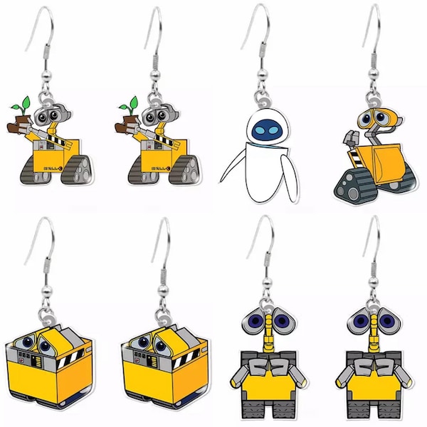 WALL-E Character Hook Earrings \ Disney Pixar Movie Inspired Jewelry \ Yellow Robot Spaceship EVE Earth Conservation Stocking Stuffers Gifts