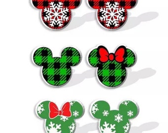 Plaid Snowflake Mickey and Minnie Acrylic Stud Earrings \ Holidays Christmas Mouse Inspired Jewelry \ Rustic Farmhouse Chic Stocking Stuffer