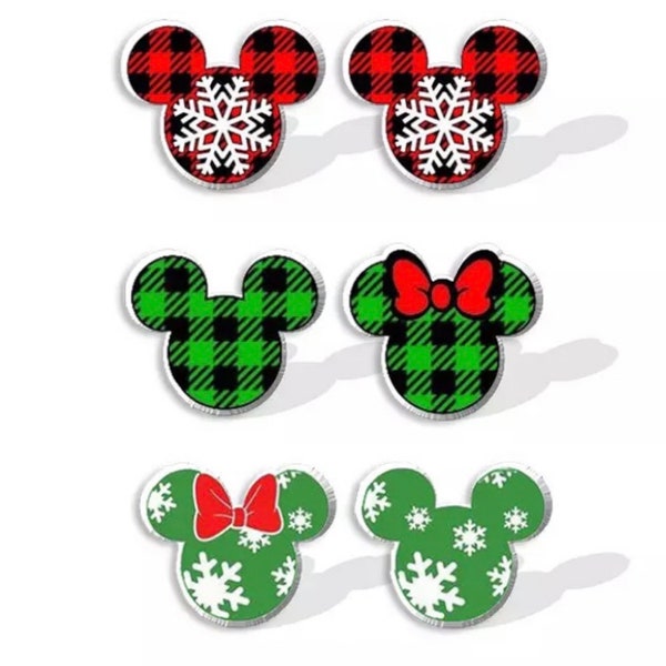 Plaid Snowflake Mickey and Minnie Acrylic Stud Earrings \ Holidays Christmas Mouse Inspired Jewelry \ Rustic Farmhouse Chic Stocking Stuffer