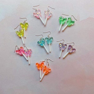 Sparkly Mickey Mouse Head Lollipop Hook Earrings / Candy Sucker Rainbow Theme Park Jewelry / Birthday BFF Bridal Bachelorette Gift