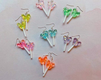 Sparkly Mickey Mouse Head Lollipop Hook Earrings / Candy Sucker Rainbow Theme Park Jewelry / Birthday BFF Bridal Bachelorette Gift