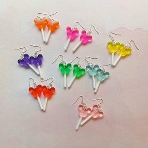 Mickey Mouse Head Lollipop Hook Earrings / Candy Sucker Rainbow Theme Park Jewelry / Birthday BFF Bridal Bachelorette Gift