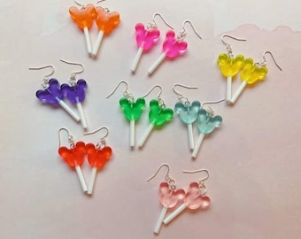 Mickey Mouse Head Lollipop Hook Earrings / Candy Sucker Rainbow Theme Park Jewelry / Birthday BFF Bridal Bachelorette Gift