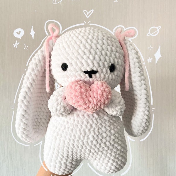 Peluche de ganchillo, Conejito con corazón rosa, Amigurumi, Peluches, Regalo