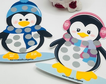 Pink and Blue Penguin | Winter | Christmas | Scratch Off and Save | Savings Challenge