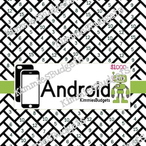 May include: A black and white patterned background with the word "Android" in large letters. A green robot graphic and the text "$1000" are also present. Two black smartphone silhouettes are on the left.