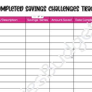 May include: A printable savings challenge tracker with a panda bear graphic. The tracker has columns for the savings challenge creator, description, savings series, amount saved, date completed, and reallocated to.