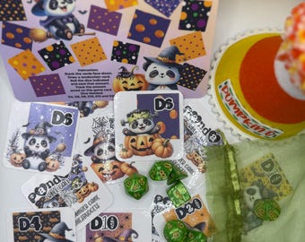 Halloween Panda Roll Call Dice Randomizer Game | 6 Dice | D4 D6 D8 D10 D12 D20 | 12 Randomizer cards  | Game Board | Physical Product