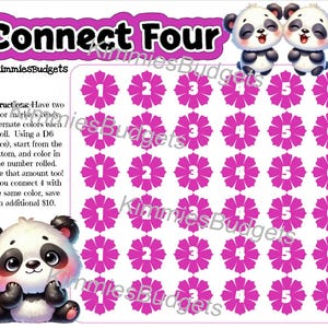 May include: A Connect Four game board with instructions and panda bear illustrations. The board features a grid of pink flower-shaped spaces numbered 1-6. The text "Connect Four" is in a pink bubble.