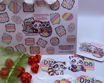 Neon Animal Roll Call Dice Randomizer Game | 6 Dice Included | D4 D6 D8 D10 D12 D20 | 12 Dice Randomizer Cards | Physical Product