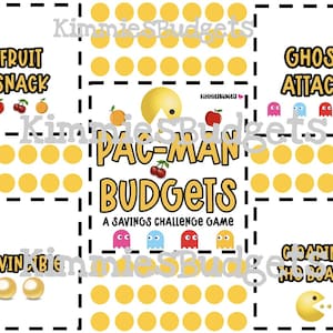 May include: A white game board with a Pac-Man theme, featuring text and graphics. The text includes "Pac-Man Budgets" and "Fruit Snack." The board has yellow circles and Pac-Man characters.