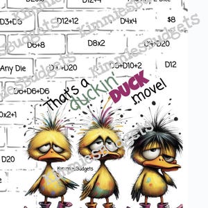 Könnte beinhalten: Eine skurrile Illustration zeigt drei Zeichentrickenten mit ausdrucksstarken Gesichtern und farbenfrohen Akzenten. Die Enten tragen Stiefel und befinden sich vor einem Hintergrund mit Würfelspielanweisungen und dem Satz "That's a duckin' move!"
