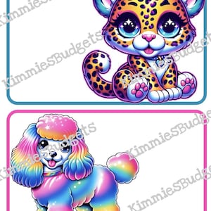 Pode incluir: Duas ilustrações coloridas de animais de desenho animado. Uma é um filhote de leopardo com pelo amarelo e manchas pretas, um laço rosa e olhos azuis. A outra é um poodle arco-íris com uma coleira combinando e um efeito brilhante.