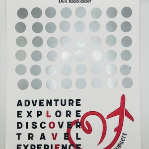May include: A white card with a silver grid of circles and the text "Dice Randomizer" at the top. Below the grid is a red airplane with the text "Kimmie's Budgets" and a red swirl. The words "Adventure", "Explore", "Discover", "Travel", "Experience", and "Journey" are written in black letters.