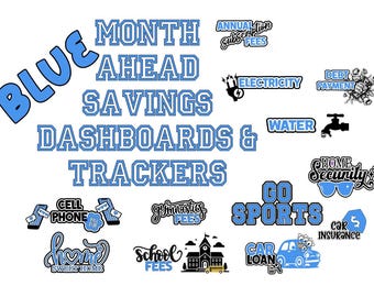 Économies du mois à l'avance (thème bleu) 20 tableaux de bord et 20 trackers | Suivi récapitulatif des dépenses | Convient aux formats A5 et A6 | Téléchargement numérique instantané