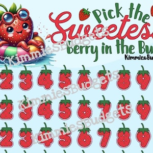 May include: A whimsical illustration featuring a strawberry character wearing sunglasses and floating in a colorful inner tube. The text "Pick the Sweetest Berry in the Bunch" is displayed above rows of strawberry-themed numbers, perfect for a fun activity.