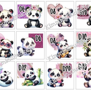 May include: A collection of illustrated panda bear designs. Each panda is depicted in a unique pose, some with accessories like flowers, glasses, or musical instruments. Each design includes a letter and number combination.