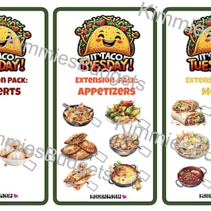 Può includere: Tre carte stampabili con un design di taco da cartone animato. Ogni carta ha un titolo: "È martedì di tacos!" e un titolo di pacchetto di estensione: "Dessert", "Antipasti" e "Pasti". Ogni carta ha un elenco di cibi con illustrazioni.