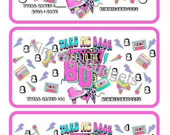 May include: Three pink and white printable game cards with a retro 80s theme. Each card features a colorful graphic of roller skates, cassette tapes, and lightning bolts. The text on the cards reads "Take Me Back to the 80s".