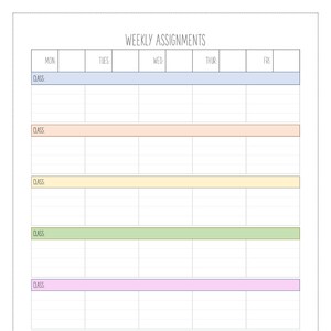 Könnte beinhalten: Ein wöchentlicher Aufgabenplaner mit einem Rasterlayout für jeden Tag der Woche. Der Planer hat sechs Zeilen für verschiedene Klassen, wobei jede Zeile mit "KLASSE:" beschriftet ist. Die Wochentage sind oben beschriftet: MO, DI, MI, DO, FR.