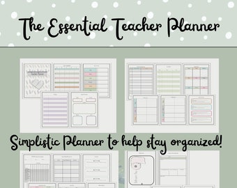 May include: A printable teacher planner with a variety of pages for lesson planning, grading, and student information. The planner has a simple design with black lines and a few pastel colors.